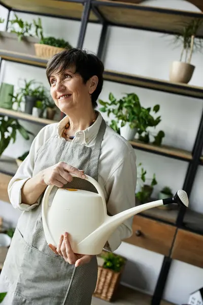 A gardener lovingly cares for her plants in a bright, inviting space. — Stock Photo