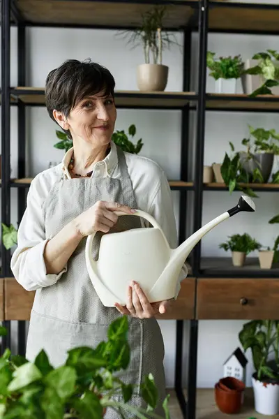 A joyful gardener cares for her lush green plants indoors. — Stock Photo