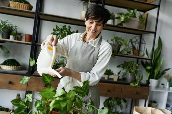 Eine Frau gießt freudig ihre blühenden Pflanzen in ihrem gemütlichen Atelier. — Stockfoto