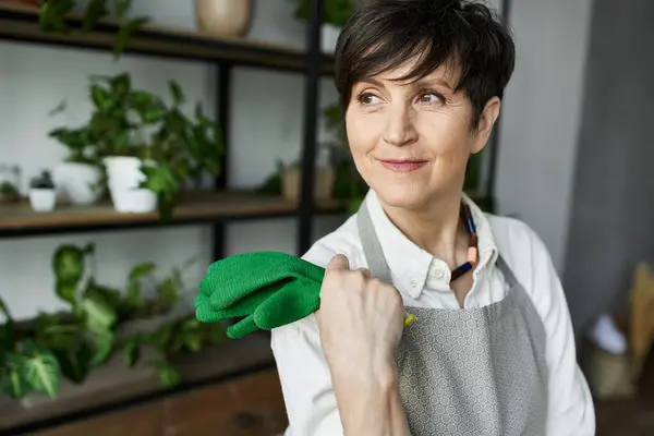 Woman with gloves lovingly attends to her plants in a bright, inviting studio. — Stock Photo