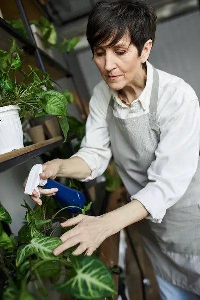 A woman carefully sprays water on her vibrant houseplants. — Stock Photo