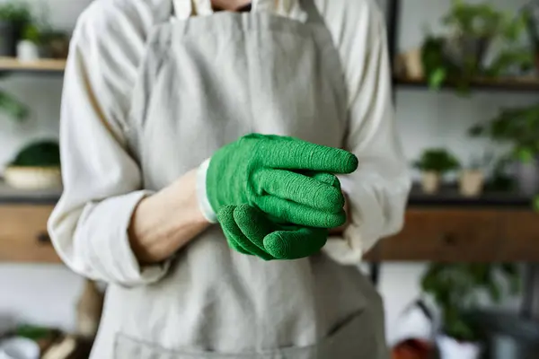 Une jardinière, les mains ornées de gants verts, prend soin de ses précieuses plantes. — Photo de stock