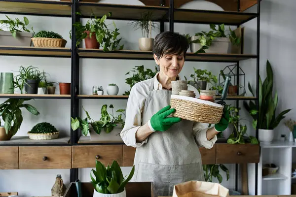 Una donna matura che nutre le sue piante mentre si gode il suo spazio di giardinaggio creativo. — Foto stock