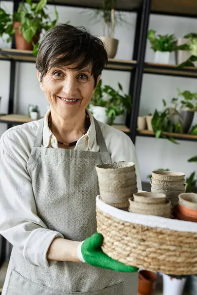 Eine Gärtnerin pflegt freudig ihre blühenden Pflanzen in ihrem Atelier. — Stockfoto