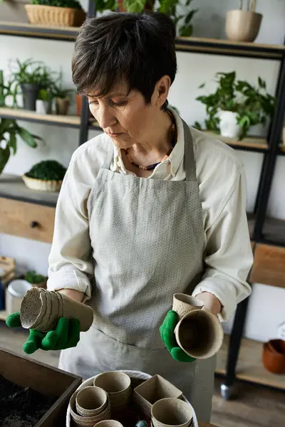 Eine Gärtnerin pflegt ihre Pflanzen liebevoll in einem ruhigen Atelier. — Stockfoto