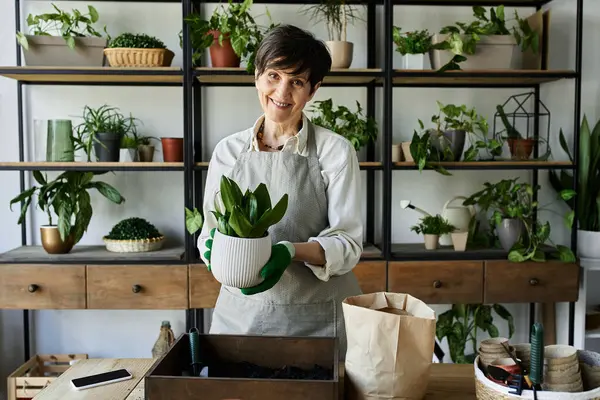 Eine Gärtnerin pflegt ihre blühenden Pflanzen liebevoll in einem gemütlichen Atelier. — Stockfoto