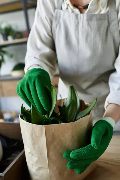 Une jardinière s'occupe de ses plantes, nourrissant la croissance avec amour et attention. — Photo de stock