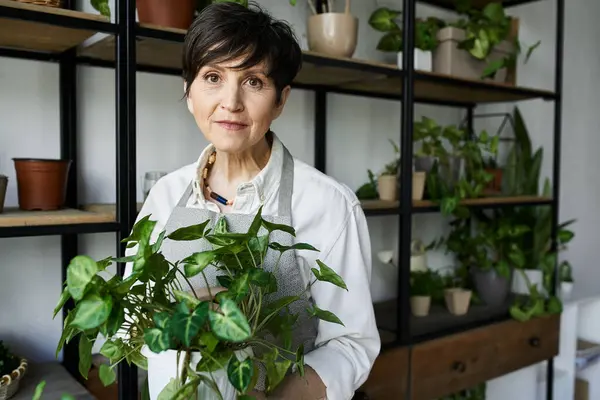 Eine Gärtnerin pflegt liebevoll ihre üppigen Zimmerpflanzen. — Stockfoto