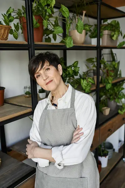 Une jardinière s'occupe de ses plantes bien-aimées dans un studio confortable. — Photo de stock