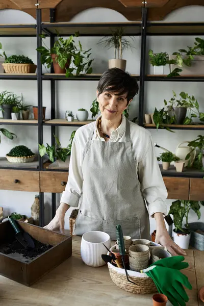 A mature woman lovingly tends to her plants in her creative studio. — Stock Photo