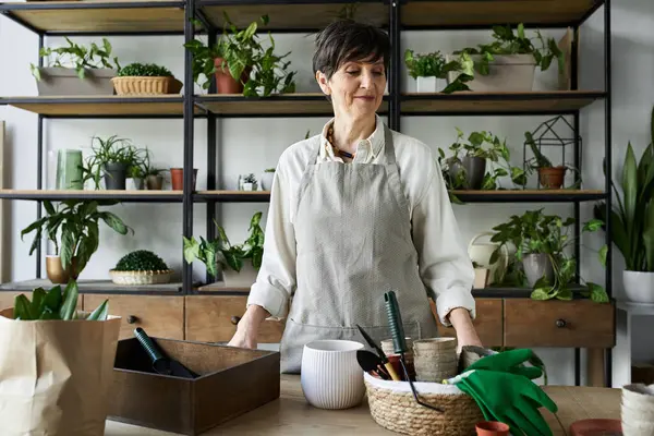 A gardener lovingly tends to her plants in a cozy, lush studio. — Stock Photo