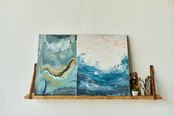 Artwork in creative space, with brushes. — Stock Photo
