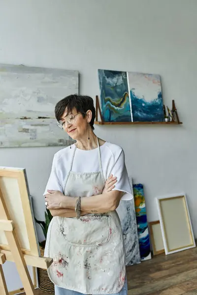 A painter enjoys a moment of contemplation in her colorful art studio. — Stock Photo