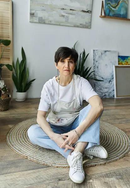 A mature woman enjoys her artistic space while reflecting on her creations. — Stock Photo