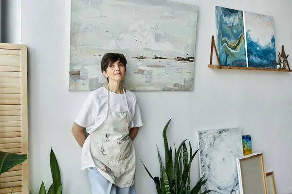 A mature woman stands in her art studio, contemplating her colorful paintings. — Stock Photo