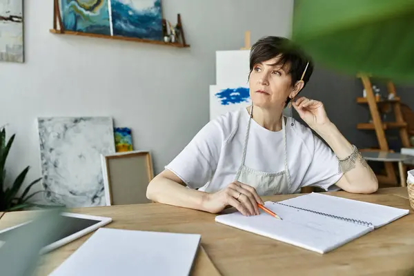 Una donna schizza pensierosamente nel suo vibrante studio d'arte. — Stock Photo