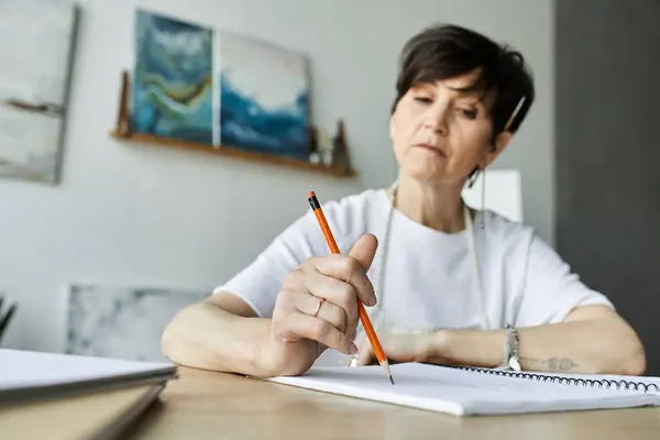 Uma mulher cuidadosamente esboços em seu estúdio de arte colorido. — Stock Photo