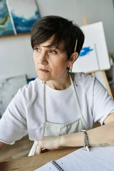 A dedicated artist deeply focused on her latest project in an inspiring studio. — Stock Photo