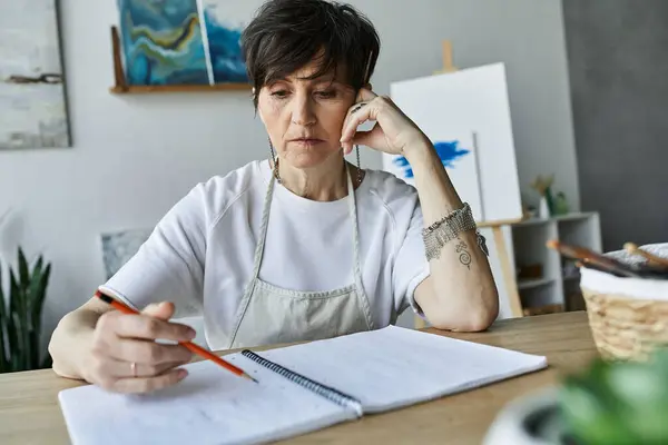 A focused artist sketches ideas in her serene art studio. — Stock Photo