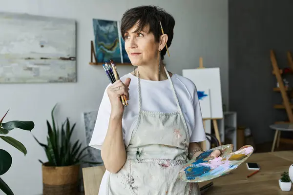 A mature woman ponders her next brushstroke amidst colorful creations. — Stock Photo