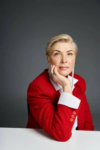 Стильна доросла жінка, одягнена в елегантний червоний одяг, спирається на підборіддя на її руці, виключаючи зітхання. — Stock Photo