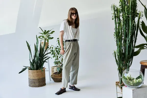 Ein junger stylischer Typ steht selbstbewusst da und präsentiert ein modernes Outfit, umgeben von viel Grün. — Stockfoto