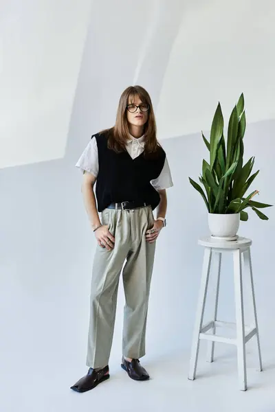 A trendy young man poses confidently in stylish attire beside a decorative plant. — Stock Photo