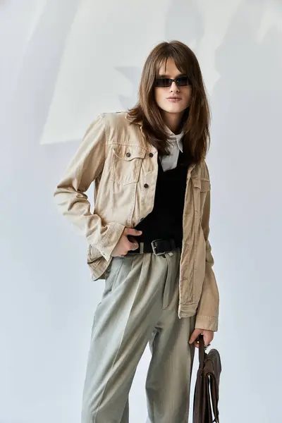 Le jeune homme élégant pose avec confiance en tenue à la mode, exsudant le charisme et le flair. — Photo de stock
