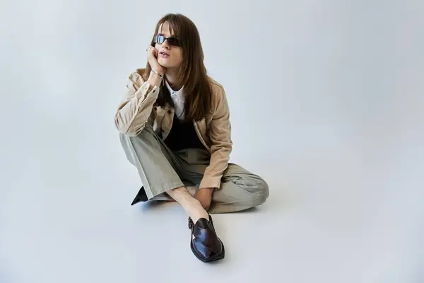 Un joven vestido con ropa de moda disfruta de un momento reflexivo en una superficie prístina. — Stock Photo