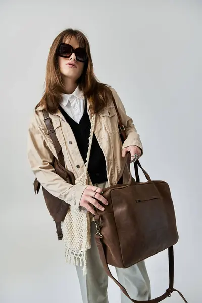 A young man dressed in fashionable clothes poses confidently with a chic bag, exuding style. — Stock Photo
