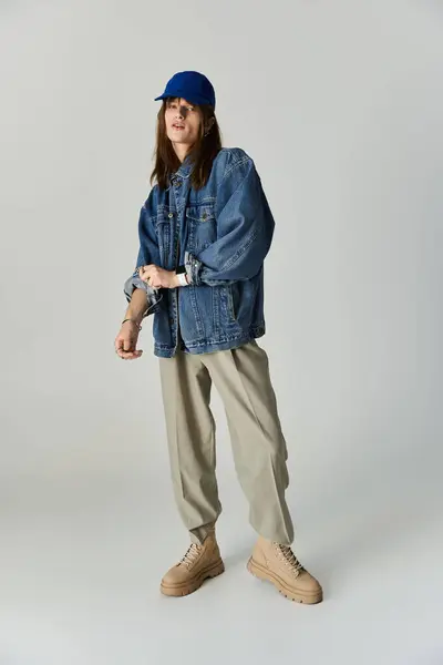 A young man exudes style in a fashionable outfit, confidently posing in a minimalist studio. — Stock Photo