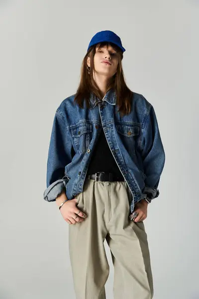 Confident young man stands in fashionable attire against a clean backdrop, exuding style. — Stock Photo