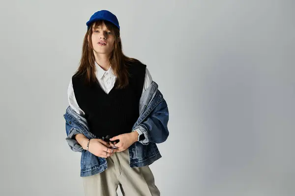 A young man dressed in trendy clothing exudes confidence while sporting a unique layered look. — Stock Photo
