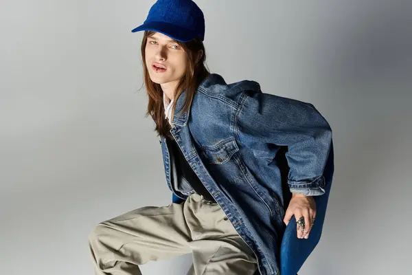 A fashionable guy poses confidently, highlighting his unique style and trendy outfit in a studio. — Stock Photo