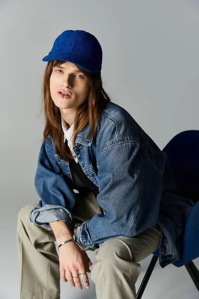 A fashionable young man with long hair sits casually, displaying his unique style and confidence. — Stock Photo