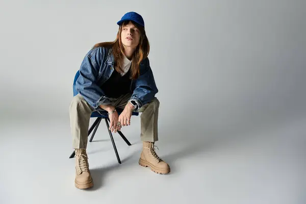 A young man displays his trendy attire while seated on a chair in a minimalist setting. — Stock Photo