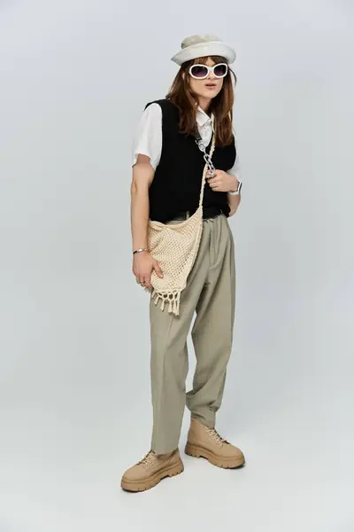 Ein trendiger junger Mann präsentiert sein einzigartiges Outfit vor einem sauberen, modernen Hintergrund. — Stockfoto