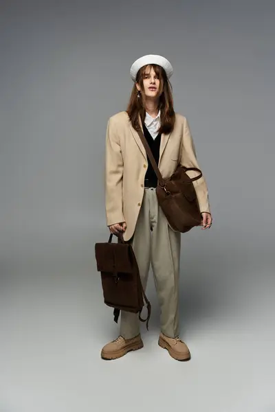 A young, stylish person confidently shows off their unique outfit in a minimal setting. — Stock Photo