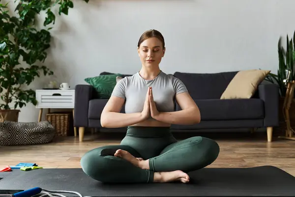 A young woman is performing yoga at home, seated in a meditative pose while surrounded by plants. — Stock Photo