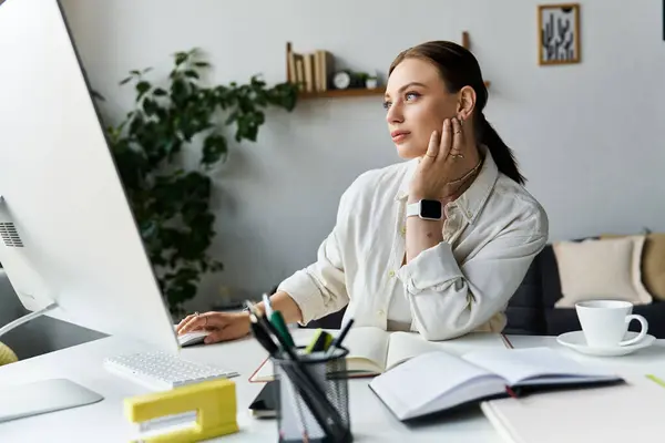 A young woman sits at her home workspace, engaged in thoughtful work, surrounded by a relaxed atmosphere. — Stock Photo