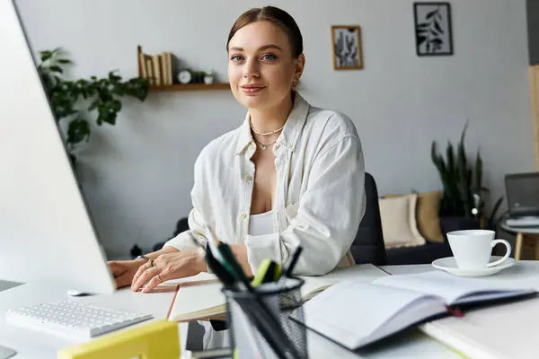 A young woman in casual wear is focused on her tasks at a home office, exuding a relaxed yet productive vibe. — Stock Photo