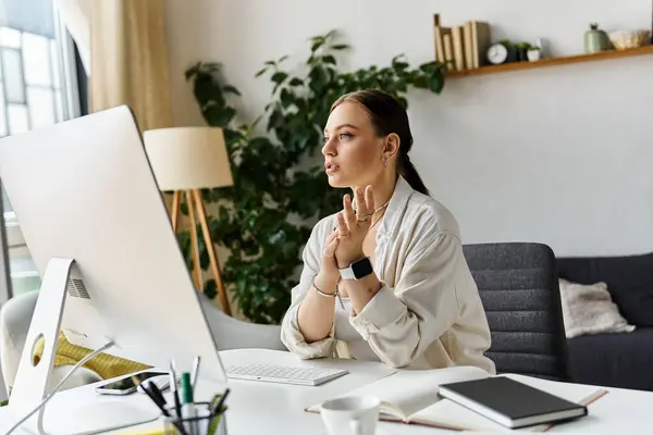 A young woman in comfortable attire collaborates from her stylish home office, focused on her computer. — Stock Photo