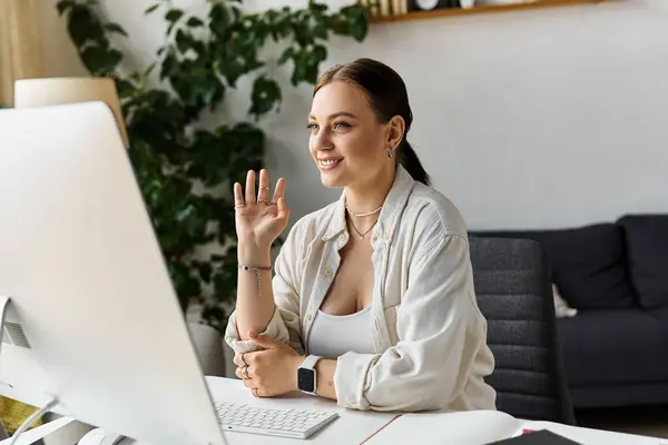 A young woman smiles and waves while participating in a video call from her comfortable home workspace. — Stock Photo