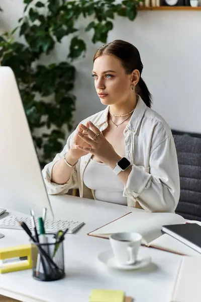 A young woman in comfortable clothing concentrates on her work at a stylish home desk with greenery nearby. — Stock Photo