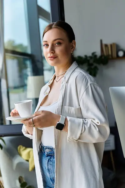 Una giovane donna prende una pausa, tenendo una tazza di caffè nel suo spazio di lavoro casuale pieno di luce naturale. — Foto stock