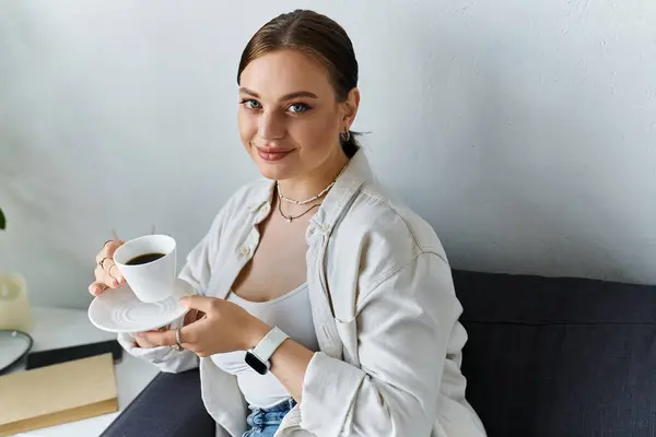 A young woman casually sits, sipping coffee and looking at camera — Stock Photo