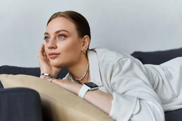 Young woman in casual wear and smart watch relaxing on couch — Stock Photo