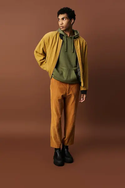 A fashionable man enjoys autumn in vibrant outfit amid warm earth tones. — Stock Photo