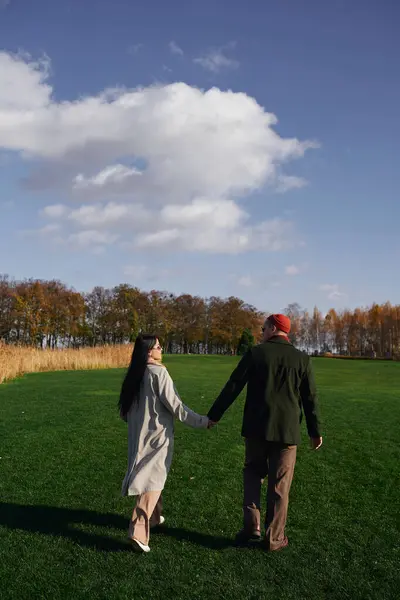 A loving couple walks hand in hand through a vibrant autumn field, basking in warmth. — Foto stock