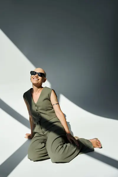 A joyful young bald woman sits gracefully in sunlight, embodying confidence and freedom. — Stock Photo